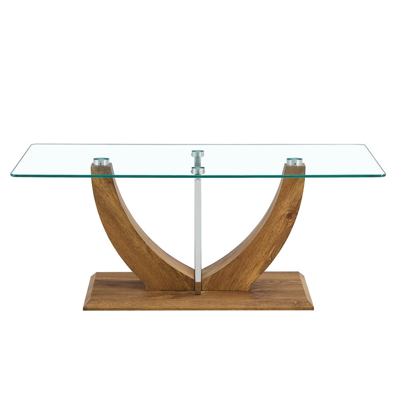 43.3" Rectangular Glass Coffee Table - Tempered Glass, Stainless Steel Columns, Thick Base, Modern Minimalist