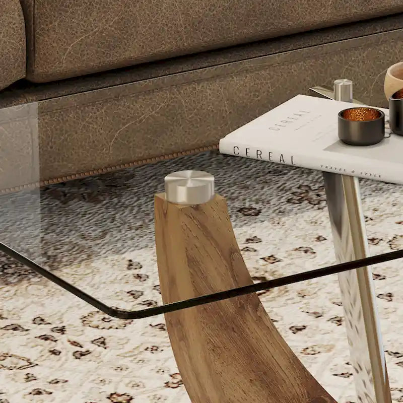 43.3" Rectangular Glass Coffee Table - Tempered Glass, Stainless Steel Columns, Thick Base, Modern Minimalist