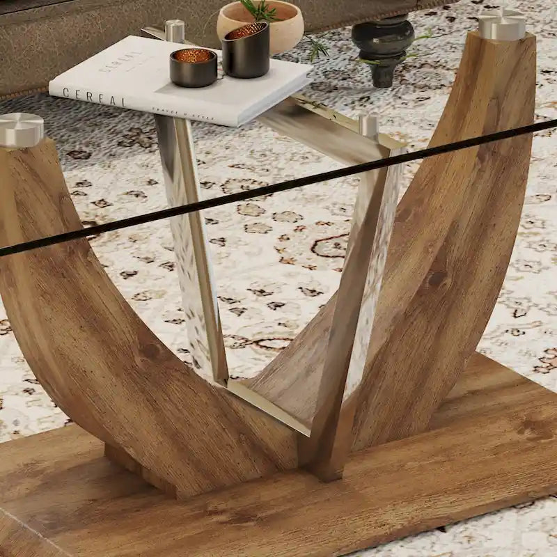 43.3" Rectangular Glass Coffee Table - Tempered Glass, Stainless Steel Columns, Thick Base, Modern Minimalist