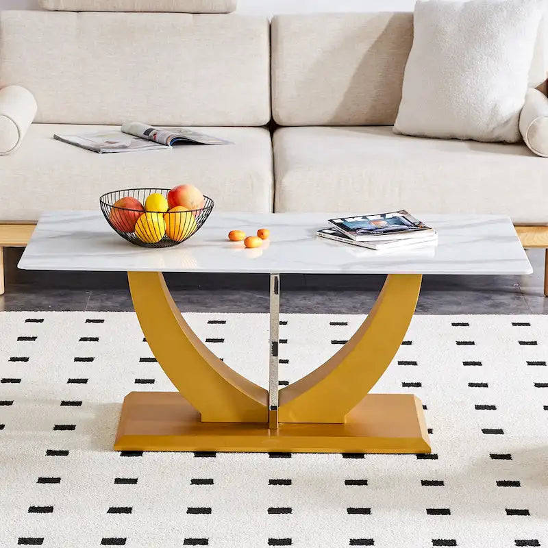 43.3" Rectangular Glass Coffee Table - Tempered Glass, Stainless Steel Columns, Thick Base, Modern Minimalist