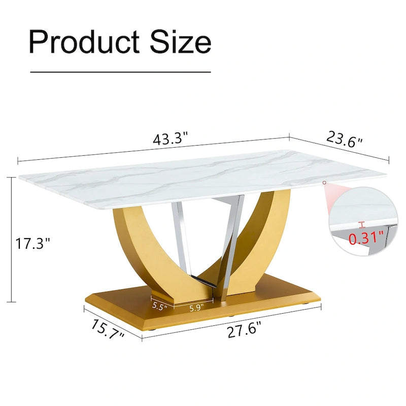 43.3" Rectangular Glass Coffee Table - Tempered Glass, Stainless Steel Columns, Thick Base, Modern Minimalist