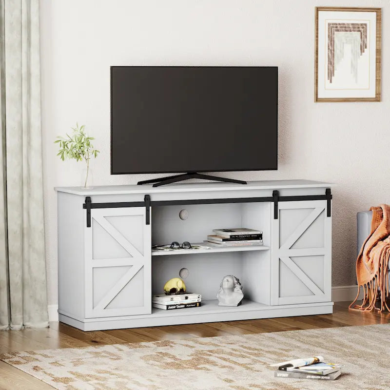 62.4" Farmhouse TV Stand with Sliding Barn Doors - Wood Media Console for TVs up to 60" - 400 lbs Capacity with Storage