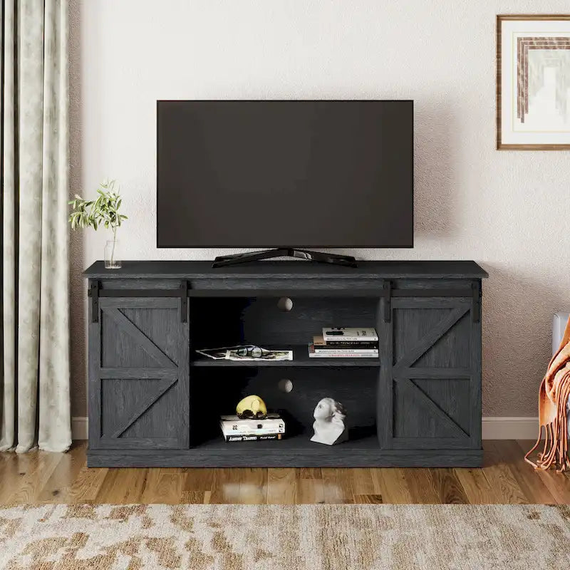 62.4" Farmhouse TV Stand with Sliding Barn Doors - Wood Media Console for TVs up to 60" - 400 lbs Capacity with Storage