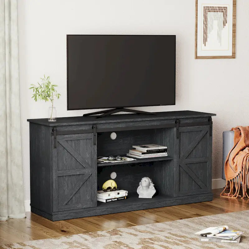 62.4" Farmhouse TV Stand with Sliding Barn Doors - Wood Media Console for TVs up to 60" - 400 lbs Capacity with Storage