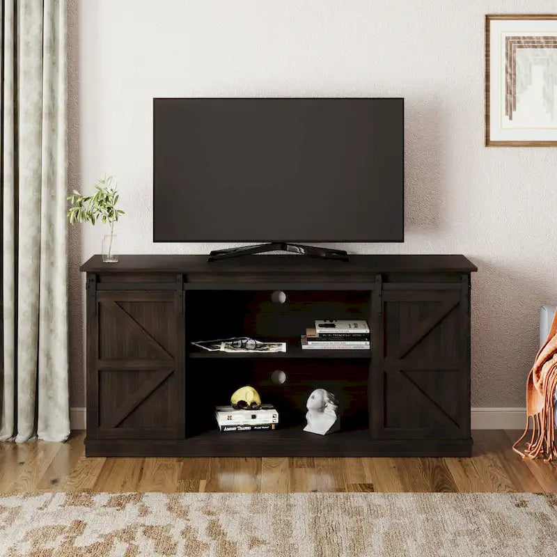 62.4" Farmhouse TV Stand with Sliding Barn Doors - Wood Media Console for TVs up to 60" - 400 lbs Capacity with Storage