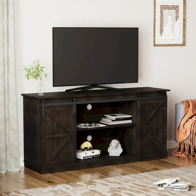 62.4" Farmhouse TV Stand with Sliding Barn Doors - Wood Media Console for TVs up to 60" - 400 lbs Capacity with Storage