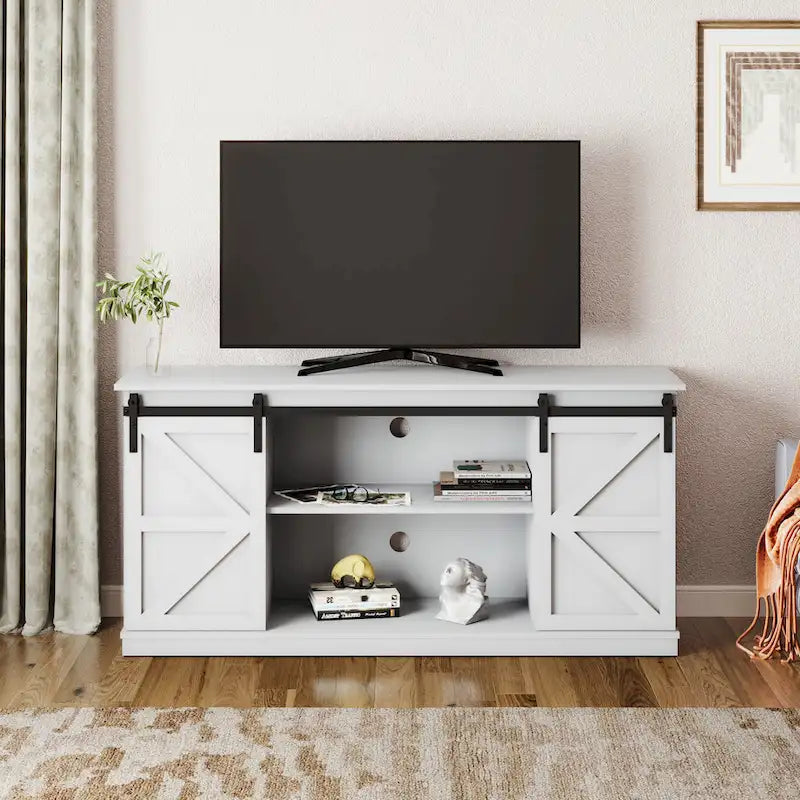 62.4" Farmhouse TV Stand with Sliding Barn Doors - Wood Media Console for TVs up to 60" - 400 lbs Capacity with Storage