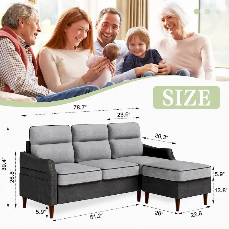 78" L-Shaped Sectional Sofa with Ottoman - High-Density Foam 3-Seater Couch with Side Storage Pocket - Removable Covers
