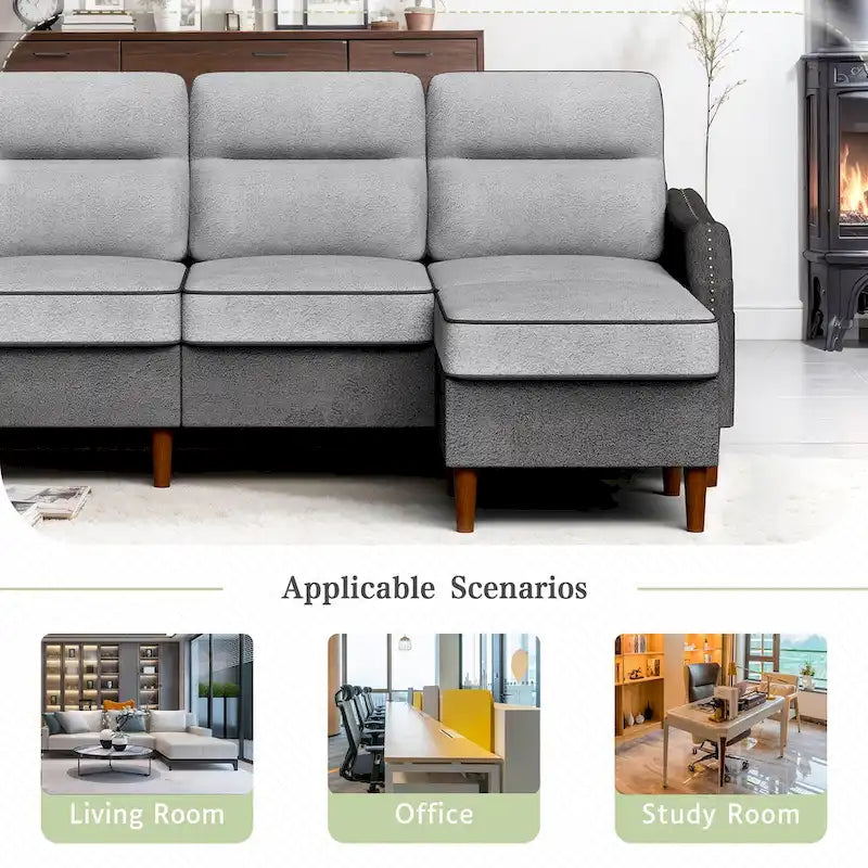 78" L-Shaped Sectional Sofa with Ottoman - High-Density Foam 3-Seater Couch with Side Storage Pocket - Removable Covers