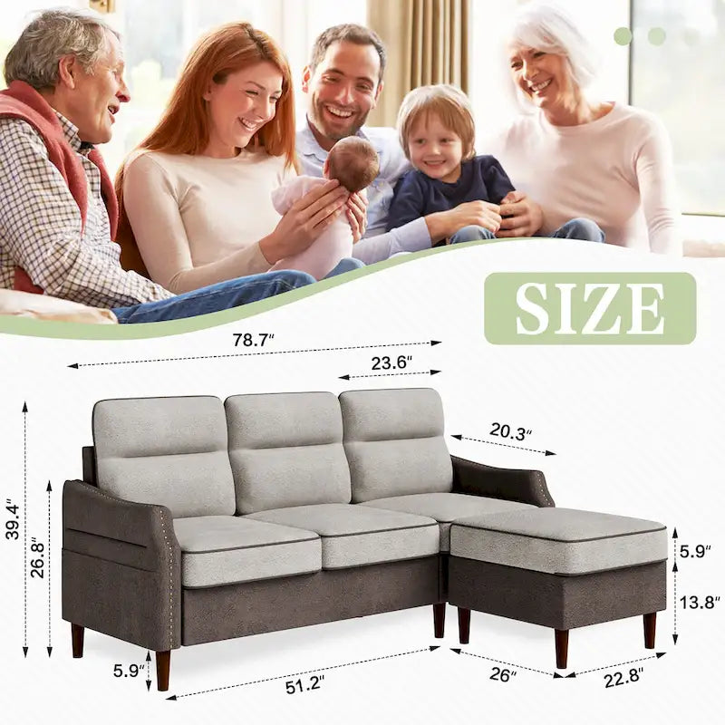 78" L-Shaped Sectional Sofa with Ottoman - High-Density Foam 3-Seater Couch with Side Storage Pocket - Removable Covers