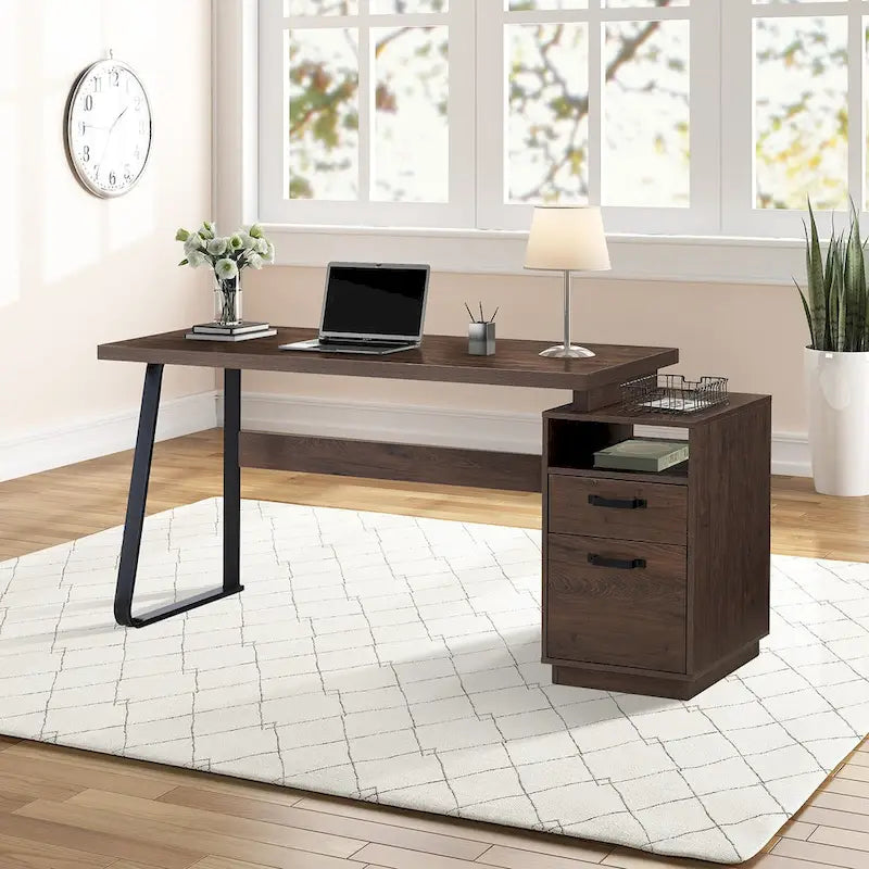 65" Computer Desk with 2 Drawers - MDF & Steel Frame, 220lbs Capacity, Brown Finish, File Cabinet Drawer