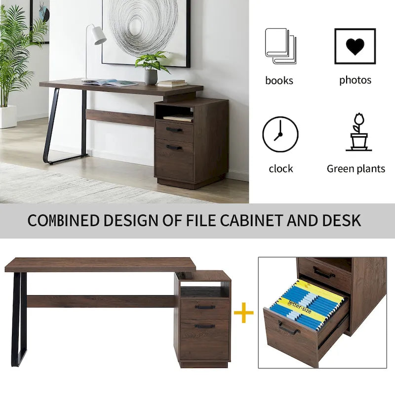 65" Computer Desk with 2 Drawers - MDF & Steel Frame, 220lbs Capacity, Brown Finish, File Cabinet Drawer