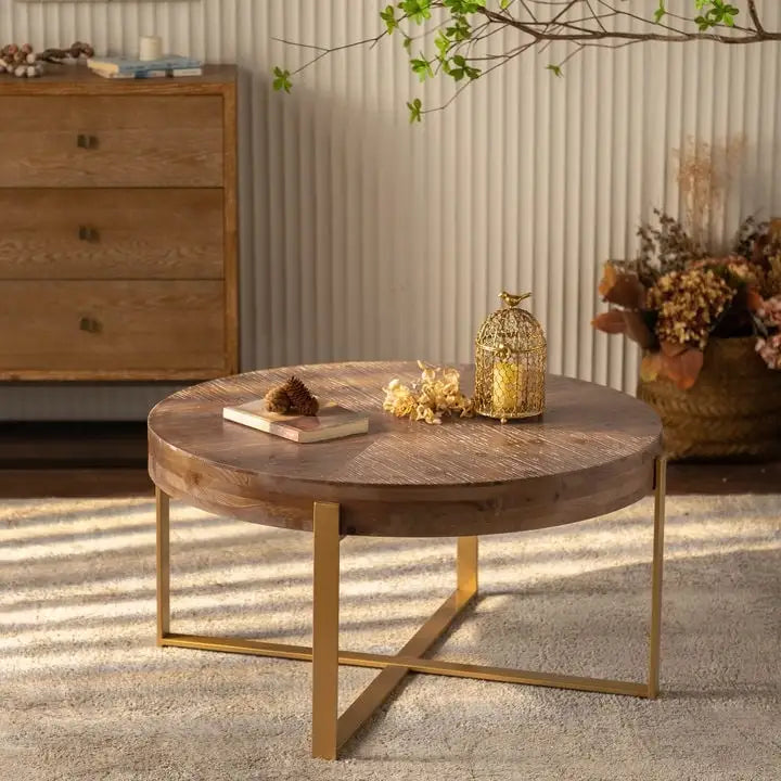33.86" Round Coffee Table - Fir Wood Top, Cross-Grain Splicing, Metal Cross Legs, 220lbs Capacity, Retro Style