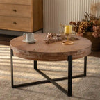 33.86" Round Coffee Table - Fir Wood Top, Cross-Grain Splicing, Metal Cross Legs, 220lbs Capacity, Retro Style