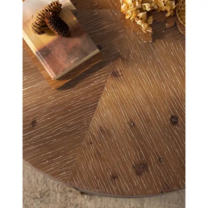 33.86" Round Coffee Table - Fir Wood Top, Cross-Grain Splicing, Metal Cross Legs, 220lbs Capacity, Retro Style