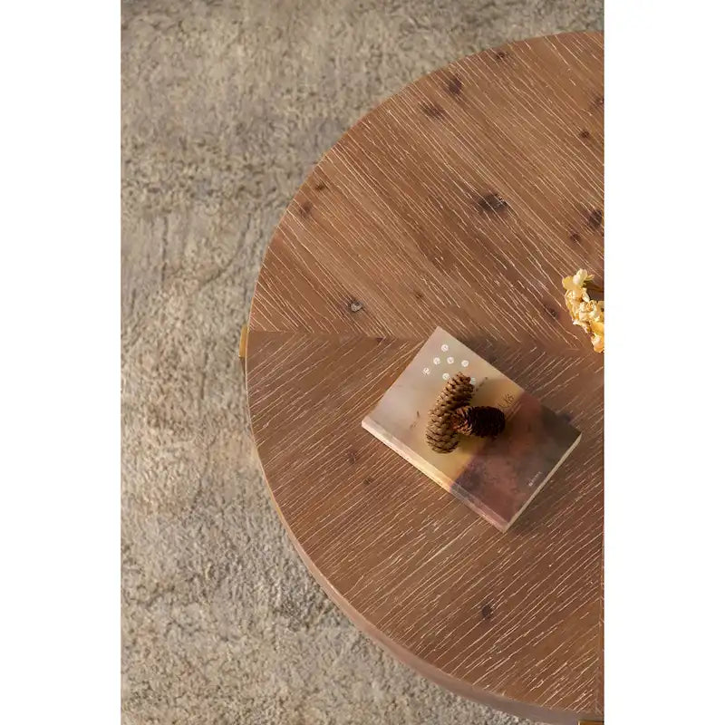 33.86" Round Coffee Table - Fir Wood Top, Cross-Grain Splicing, Metal Cross Legs, 220lbs Capacity, Retro Style