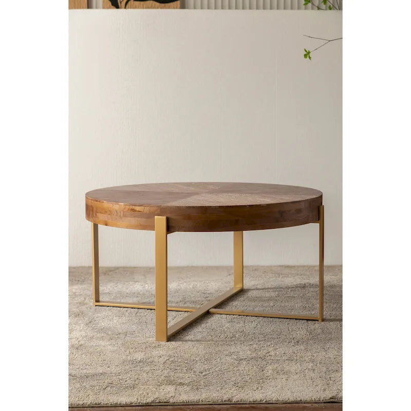 33.86" Round Coffee Table - Fir Wood Top, Cross-Grain Splicing, Metal Cross Legs, 220lbs Capacity, Retro Style