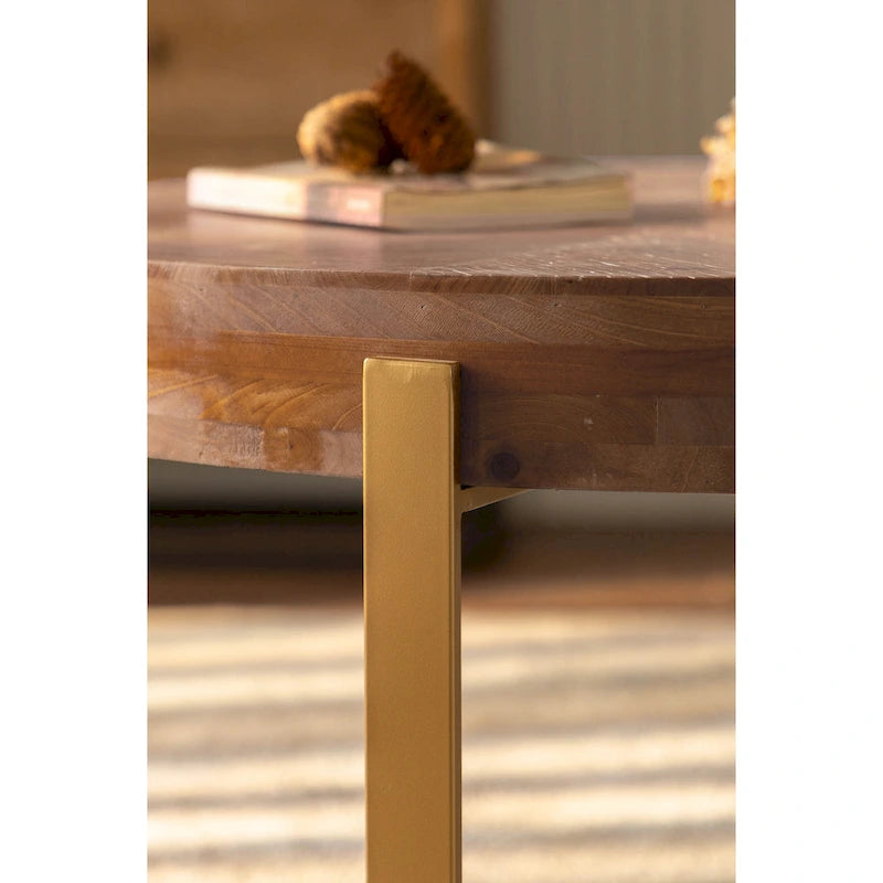 33.86" Round Coffee Table - Fir Wood Top, Cross-Grain Splicing, Metal Cross Legs, 220lbs Capacity, Retro Style