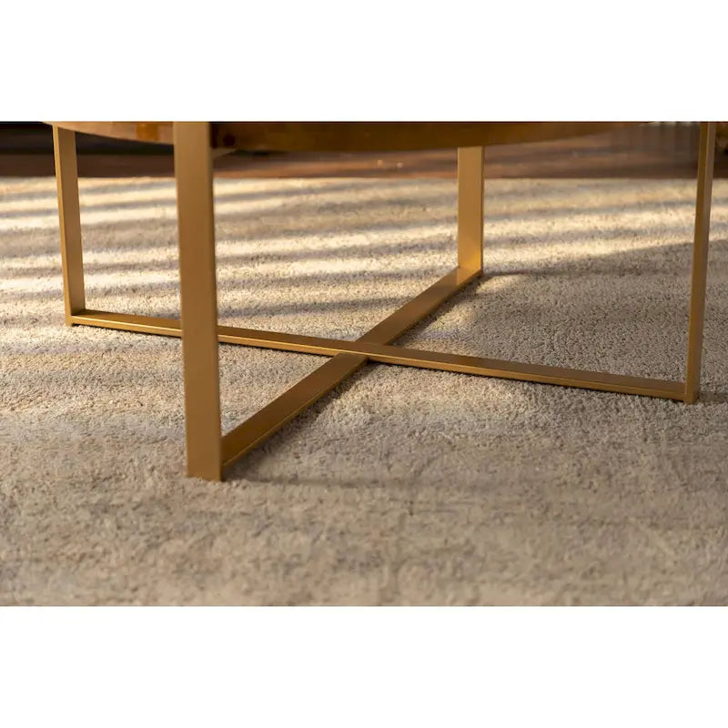 33.86" Round Coffee Table - Fir Wood Top, Cross-Grain Splicing, Metal Cross Legs, 220lbs Capacity, Retro Style