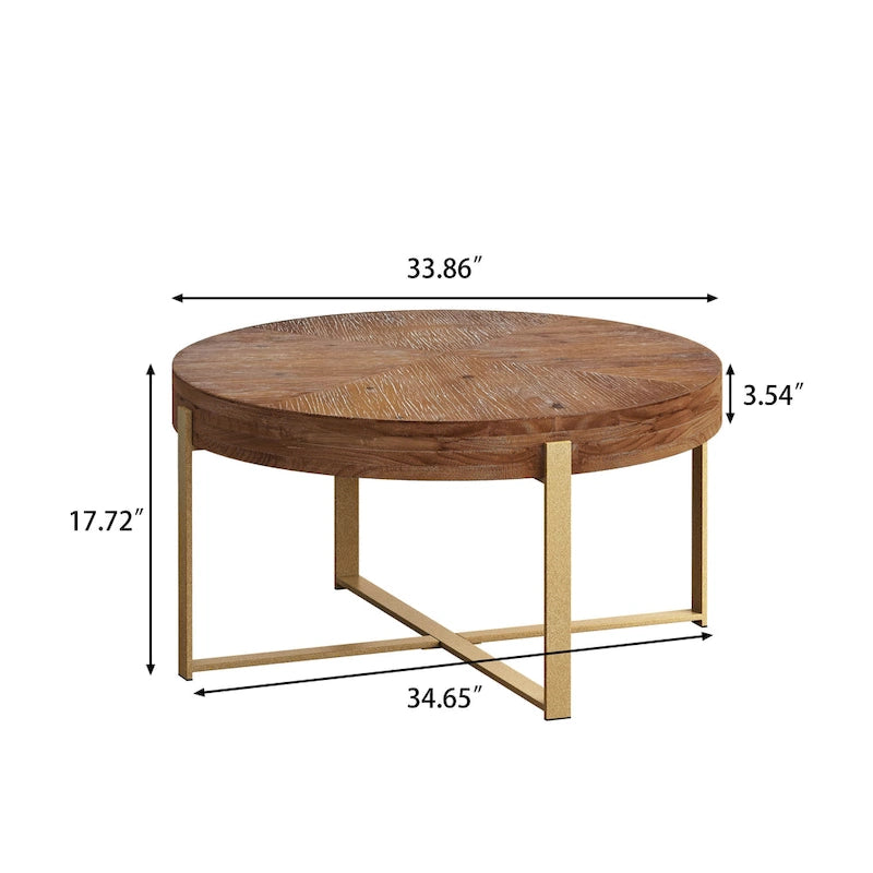 33.86" Round Coffee Table - Fir Wood Top, Cross-Grain Splicing, Metal Cross Legs, 220lbs Capacity, Retro Style