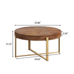 33.86" Round Coffee Table - Fir Wood Top, Cross-Grain Splicing, Metal Cross Legs, 220lbs Capacity, Retro Style
