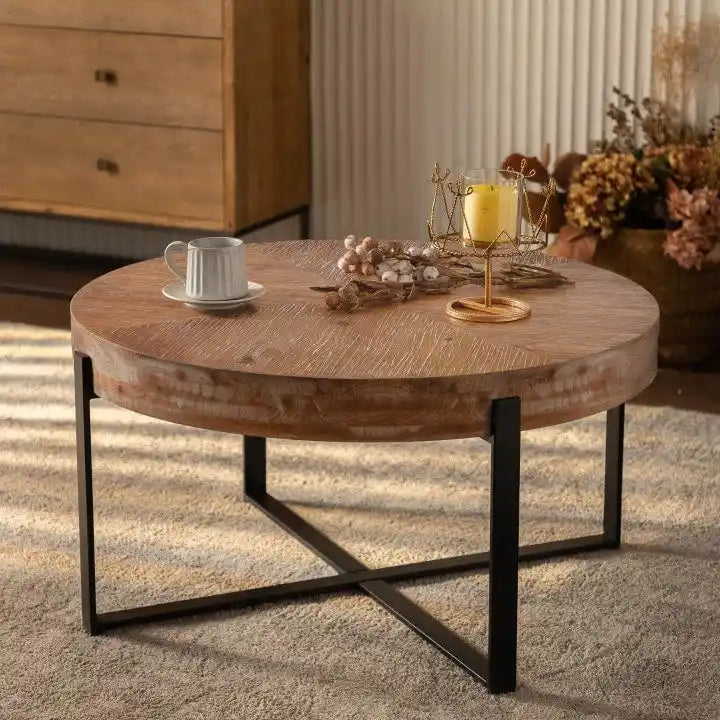 33.86" Round Coffee Table - Fir Wood Top, Cross-Grain Splicing, Metal Cross Legs, 220lbs Capacity, Retro Style