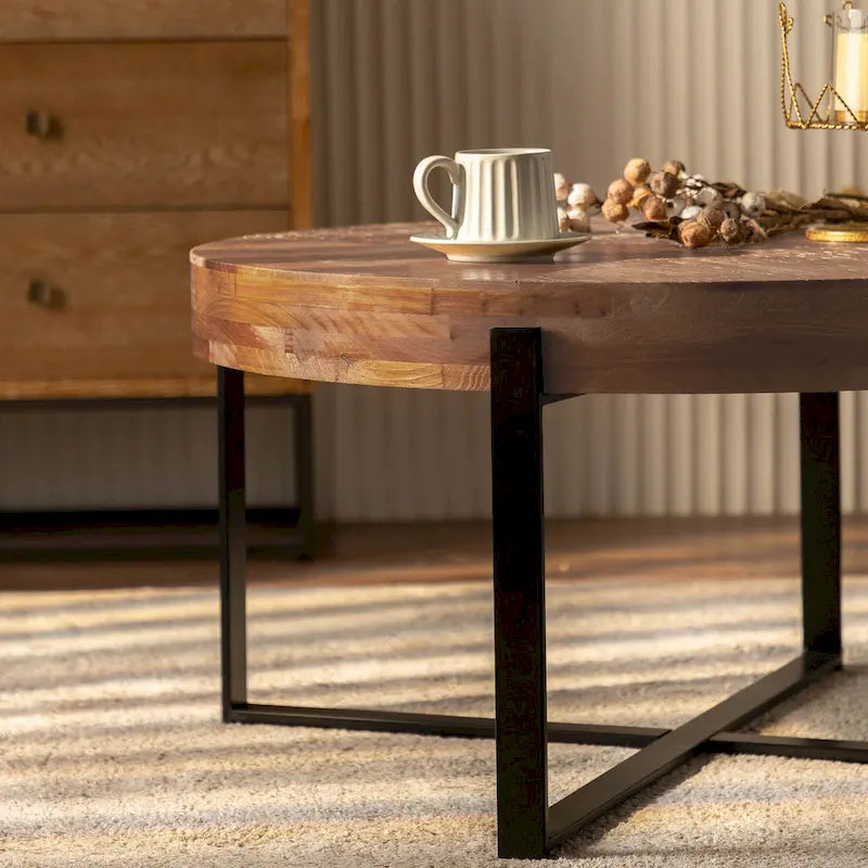 33.86" Round Coffee Table - Fir Wood Top, Cross-Grain Splicing, Metal Cross Legs, 220lbs Capacity, Retro Style