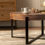 33.86" Round Coffee Table - Fir Wood Top, Cross-Grain Splicing, Metal Cross Legs, 220lbs Capacity, Retro Style