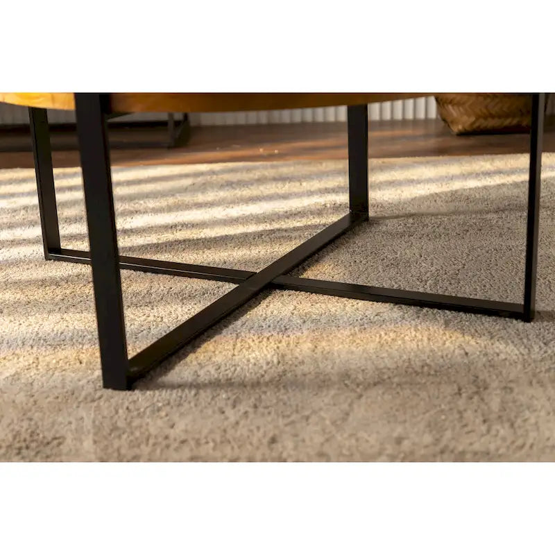 33.86" Round Coffee Table - Fir Wood Top, Cross-Grain Splicing, Metal Cross Legs, 220lbs Capacity, Retro Style