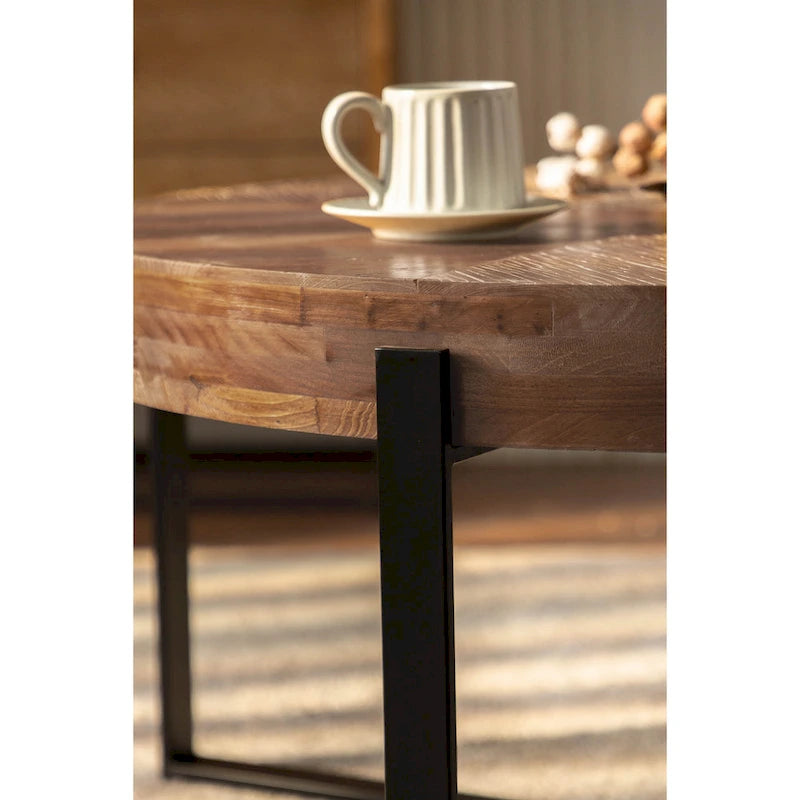 33.86" Round Coffee Table - Fir Wood Top, Cross-Grain Splicing, Metal Cross Legs, 220lbs Capacity, Retro Style