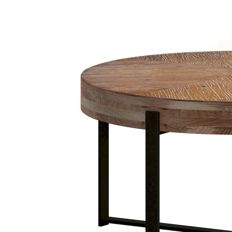 33.86" Round Coffee Table - Fir Wood Top, Cross-Grain Splicing, Metal Cross Legs, 220lbs Capacity, Retro Style