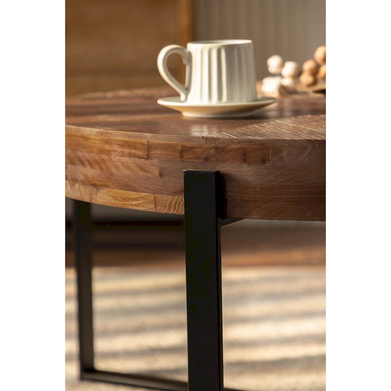 33.86" Round Coffee Table - Fir Wood Top, Cross-Grain Splicing, Metal Cross Legs, 220lbs Capacity, Retro Style