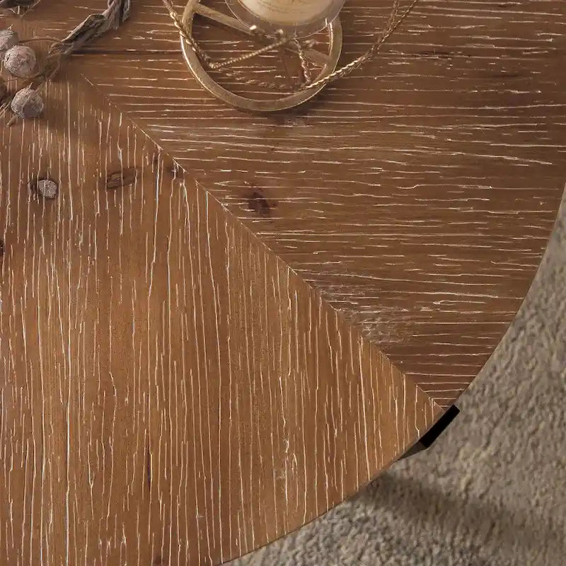 33.86" Round Coffee Table - Fir Wood Top, Cross-Grain Splicing, Metal Cross Legs, 220lbs Capacity, Retro Style