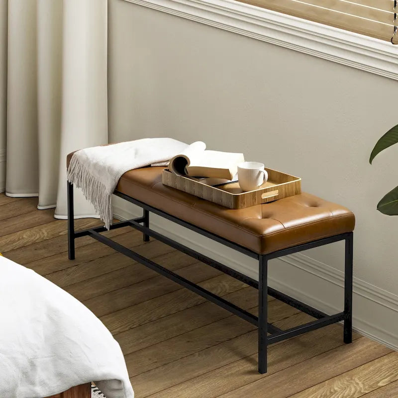 50" Upholstered Storage Bench with Metal Legs - Vegan Leather, Button-Tufted, Storage Shelf, 250lbs Capacity