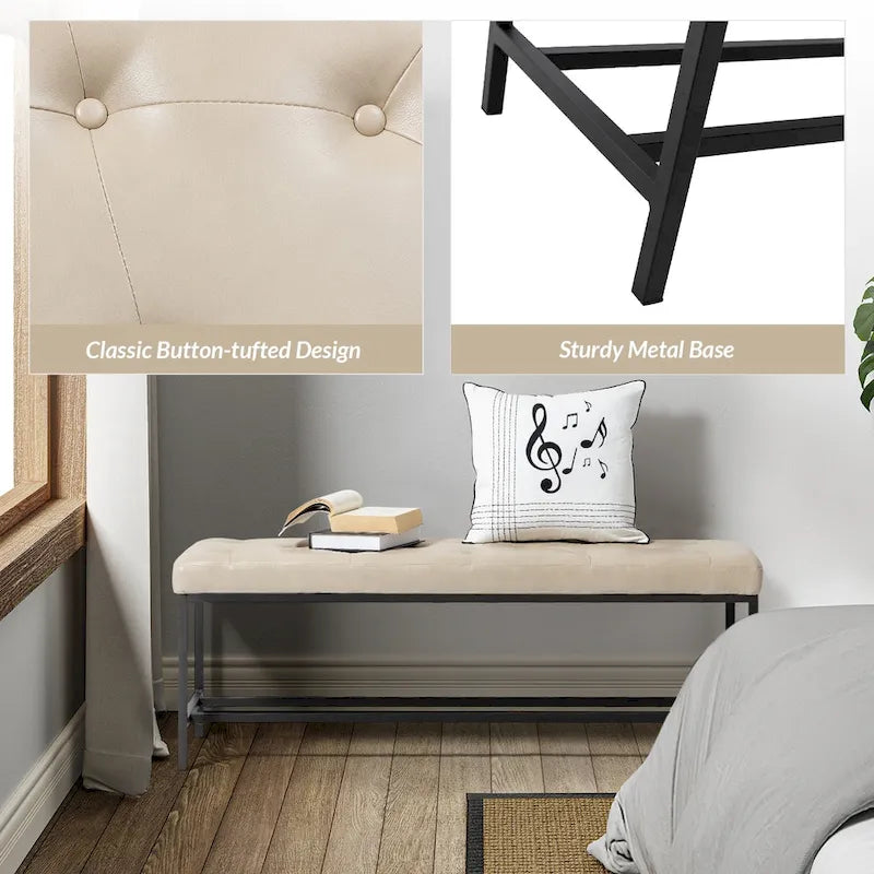 50" Upholstered Storage Bench with Metal Legs - Vegan Leather, Button-Tufted, Storage Shelf, 250lbs Capacity