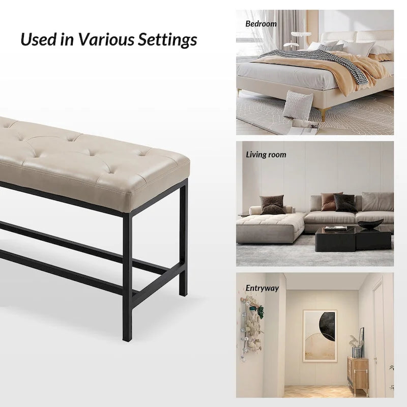 50" Upholstered Storage Bench with Metal Legs - Vegan Leather, Button-Tufted, Storage Shelf, 250lbs Capacity
