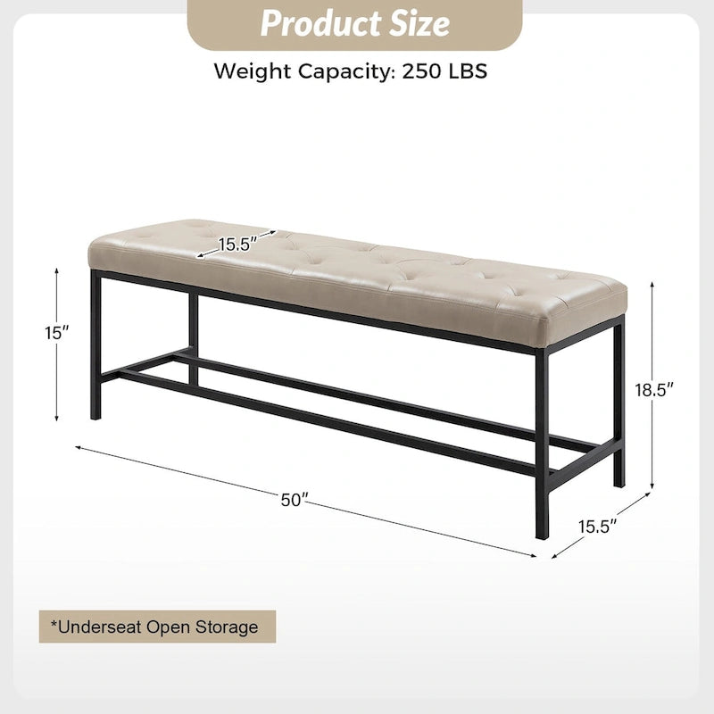 50" Upholstered Storage Bench with Metal Legs - Vegan Leather, Button-Tufted, Storage Shelf, 250lbs Capacity