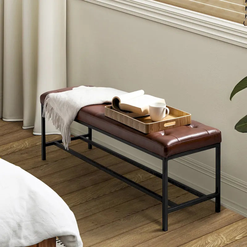 50" Upholstered Storage Bench with Metal Legs - Vegan Leather, Button-Tufted, Storage Shelf, 250lbs Capacity