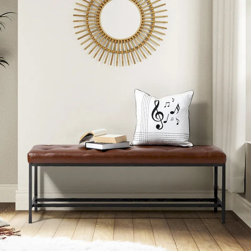 50" Upholstered Storage Bench with Metal Legs - Vegan Leather, Button-Tufted, Storage Shelf, 250lbs Capacity