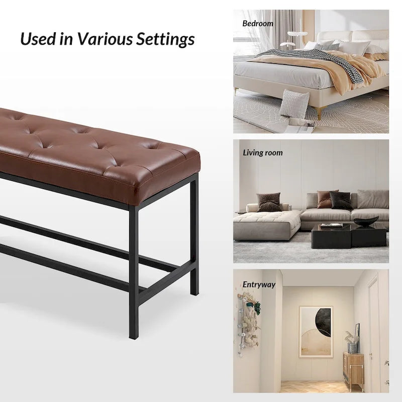 50" Upholstered Storage Bench with Metal Legs - Vegan Leather, Button-Tufted, Storage Shelf, 250lbs Capacity