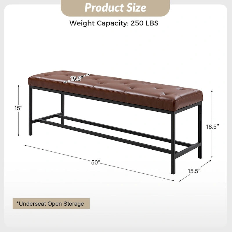 50" Upholstered Storage Bench with Metal Legs - Vegan Leather, Button-Tufted, Storage Shelf, 250lbs Capacity