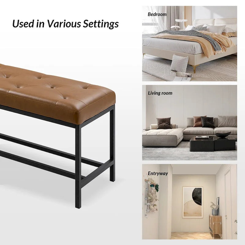 50" Upholstered Storage Bench with Metal Legs - Vegan Leather, Button-Tufted, Storage Shelf, 250lbs Capacity