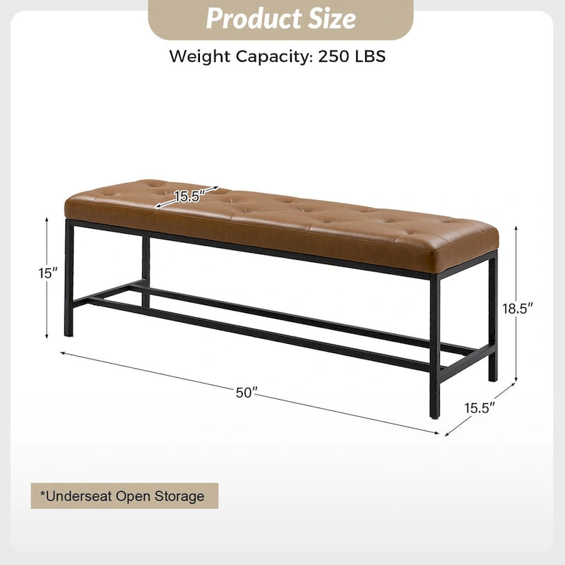 50" Upholstered Storage Bench with Metal Legs - Vegan Leather, Button-Tufted, Storage Shelf, 250lbs Capacity