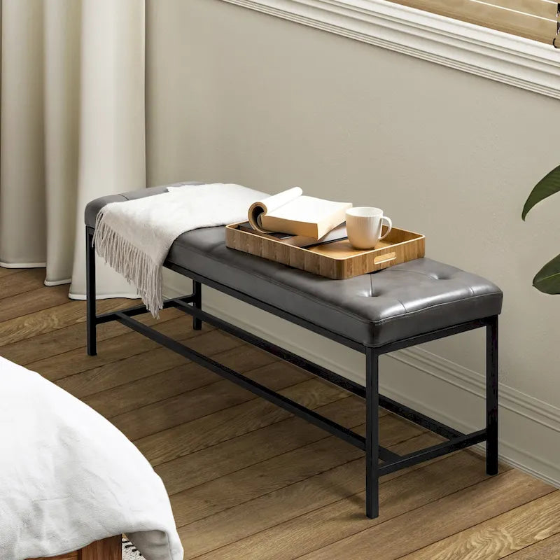 50" Upholstered Storage Bench with Metal Legs - Vegan Leather, Button-Tufted, Storage Shelf, 250lbs Capacity