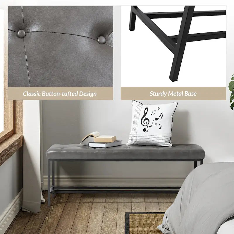 50" Upholstered Storage Bench with Metal Legs - Vegan Leather, Button-Tufted, Storage Shelf, 250lbs Capacity