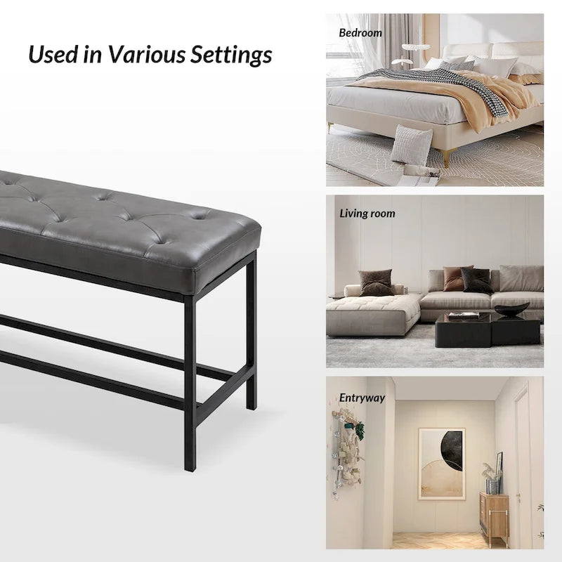 50" Upholstered Storage Bench with Metal Legs - Vegan Leather, Button-Tufted, Storage Shelf, 250lbs Capacity