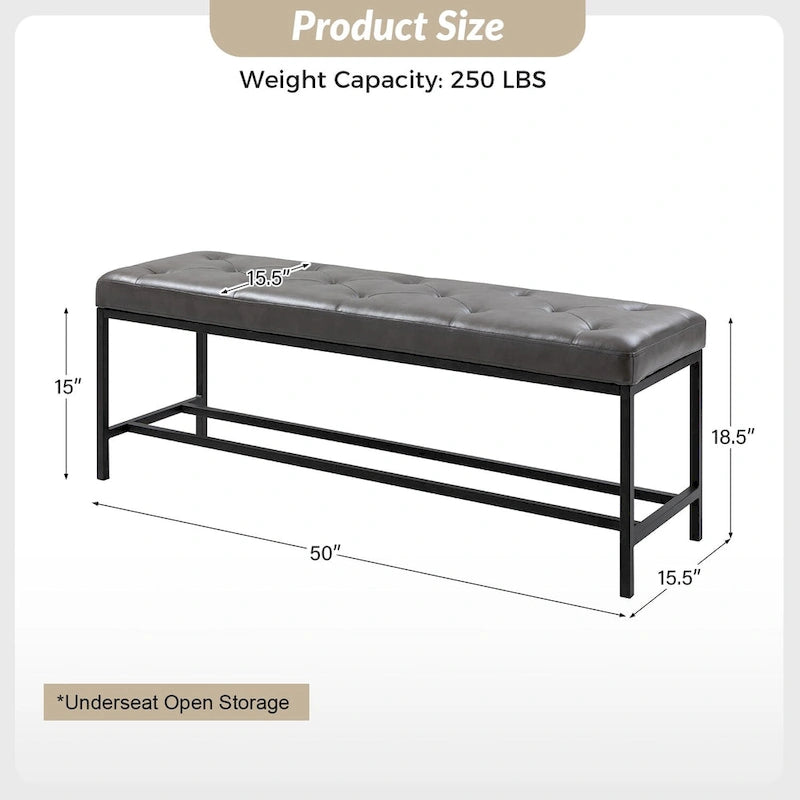 50" Upholstered Storage Bench with Metal Legs - Vegan Leather, Button-Tufted, Storage Shelf, 250lbs Capacity