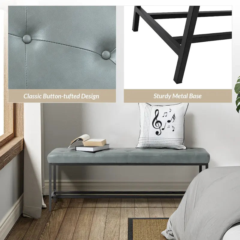 50" Upholstered Storage Bench with Metal Legs - Vegan Leather, Button-Tufted, Storage Shelf, 250lbs Capacity