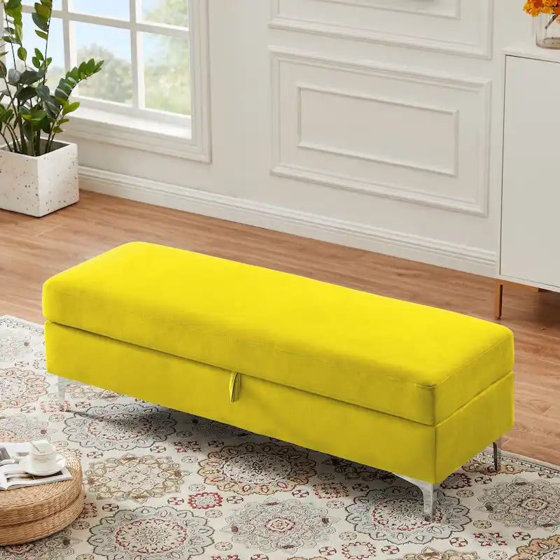 Velvet Storage Bench with Wooden Frame - 500lbs Capacity, Silver Metal Feet, Modern Style, Living Room/Bedroom