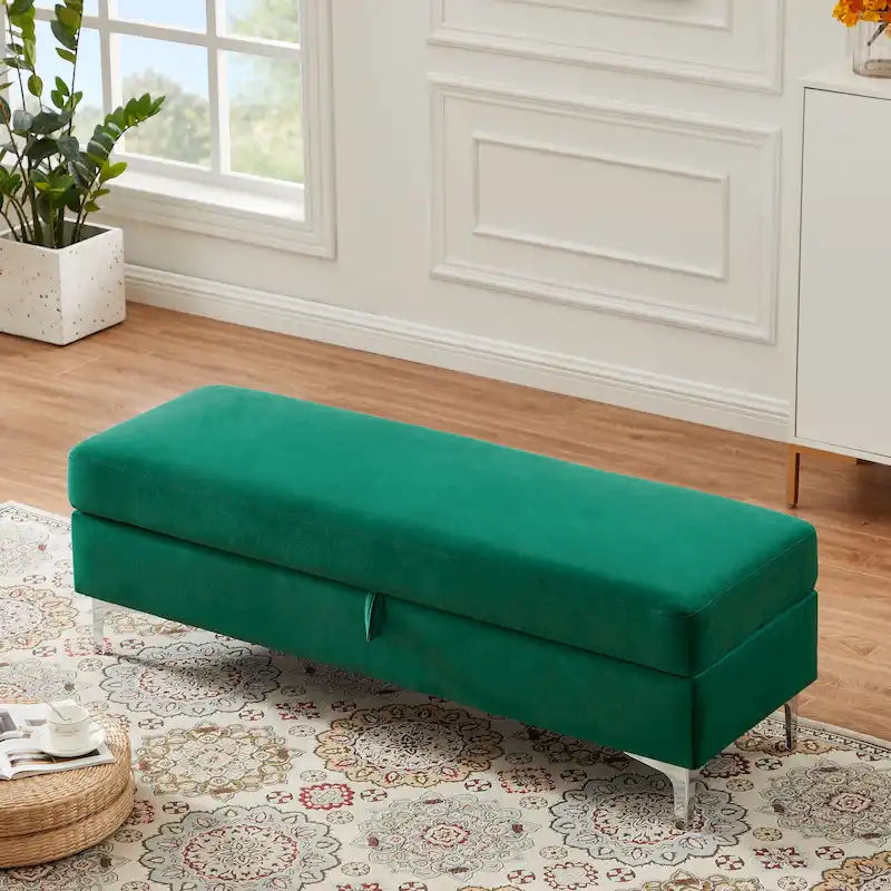 Velvet Storage Bench with Wooden Frame - 500lbs Capacity, Silver Metal Feet, Modern Style, Living Room/Bedroom